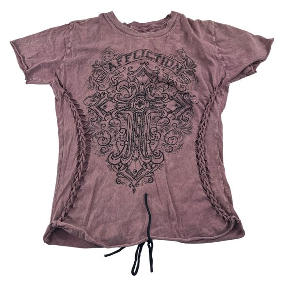 Affliction Women's Purple Pink Graphic Tee Size Small Short Sleeve Tie accent - Picture 1 of 6